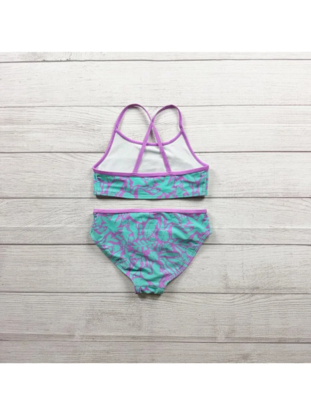 Cat & Jack Tropical Print Two Piece Swimsuit Purple Aqua Girls M 8